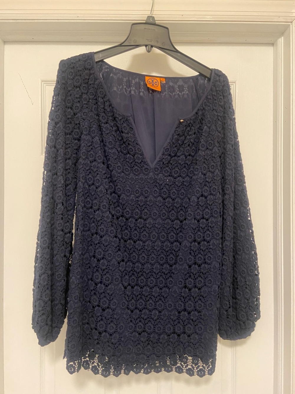 Tory Burch Dark Navy Crochet Lace V-Neck Blouse